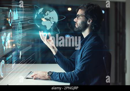 Computer screen, global hologram and man with business data analytics, globe networking and worldwide software 3D. holographic, digital analysis and Stock Photo