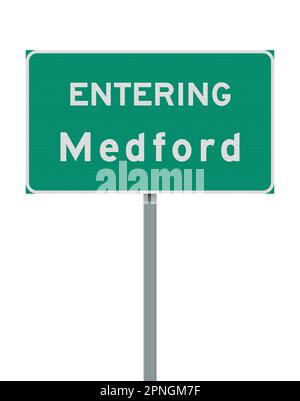 Vector illustration of the entering Medford (Oregon) green road sign on metallic post Stock Vector