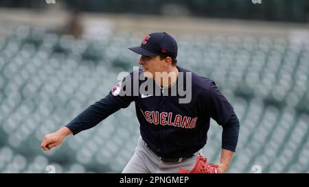 Cleveland Guardians relief pitcher James Karinchak celebrates after  completing the eighth inning of a baseball game against the New York  Yankees in Cleveland, Monday April 10, 2023. (AP Photo/Phil Long)