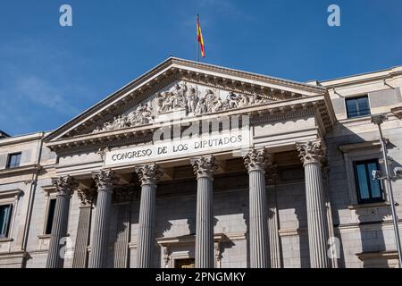 Congress of Deputies of Spain, Madrid. Main facade. Also known as Las Cortes is the seat of the Spanish Parliament Stock Photo