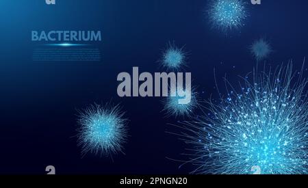 Bacterium. Vector abstract microscopic medical illustration of blue bacteria types, virus or spore close up on dark background. Concept for science Stock Vector