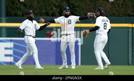 Lakeland FL USA; Detroit Tigers center fielder Matt Vierling (8) is  congratulated in the dugout after homering during an MLB spring training  game agai Stock Photo - Alamy
