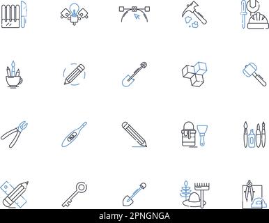 Supplies line icons collection. Equipment, Tools, Materials, Gear, Resources, Provisions, Inventory vector and linear illustration. Products,Utilities Stock Vector