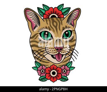 Cute funny tabby Cat portrait with flowers, full color on white background inspired by tattoo art style Stock Photo