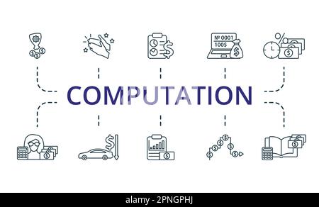 Computation outline set. Creative icons: asset, appreciation, balance sheet, individual account, credit, bookkeeper, depreciation, income statement Stock Vector