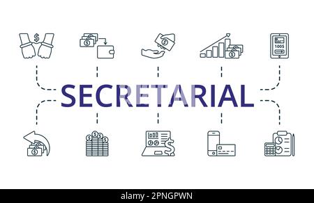 Secretarial outline set. Creative icons: liabilities, net income, payroll, profit, payment account, return of investment, funds, accounting system Stock Vector