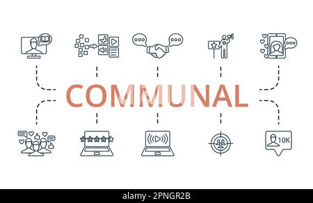 Communal outline set. Creative icons: story telling, content curation, engagement, ambassador, influencer, subscribers, rating, live streaming, target Stock Vector