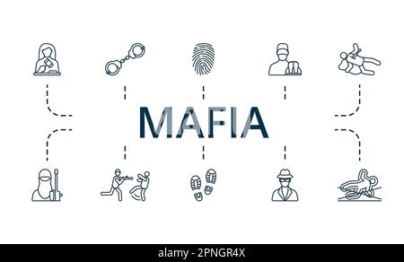 Mafia outline set. Creative icons: judge, handcuffs, fingerprint, coroner, murder, terrorist, war crime, footprints, espionage, crime. Stock Vector
