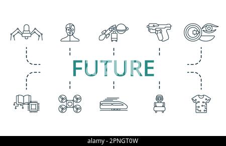 Future outline set. Creative icons: nanobot, cyborg, space tourism, hi-tech weapon, nano contact lenses, cybernetics, space drones, high speed train Stock Vector