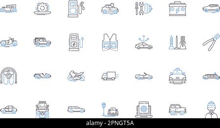 Vehicle servicing line icons collection. Maintenance, Inspection, Tune-up, Oil change, Brake, Wheel alignment, Tire rotation vector and linear Stock Vector