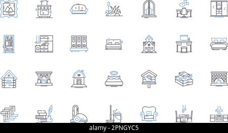 Settling in line icons collection. Community, Home, Adaptation, Belonging, Acceptance, Integration, Comfort vector and linear illustration. Adjusting Stock Vector