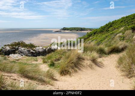 Coastal scenery between Porthmadog and Morfa Bychan on the Glaslyn estuary, North Wales. Ynys Cyngar in the background. Stock Photo