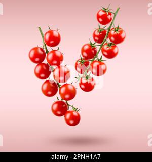 Branches with small red cherry tomatoes floating on pink background. Stock Photo