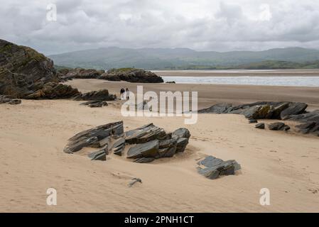 Dog walking couple on the beach at Borth-y-Gest on the Glaslyn estuary, Porthmadog, North Wales. Stock Photo