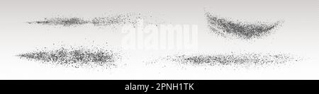 Realistic set of black powder splashes isolated on transparent background. Vector illustration of dust particles, ash, dirt scattered on surface top view. Abstract black paint stroke. Soil texture Stock Vector