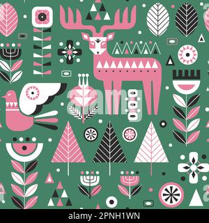 Forest Folk Animals and Plants in Scandinavian Pattern Stock Vector