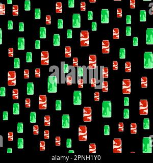 Aluminum can for soft drink seamless pattern. Storing cocktails and soda in jar. cold drinks in hot summer weather. Vector ornament for design of post Stock Vector