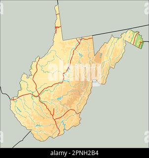 High detailed West Virginia physical map. Stock Vector