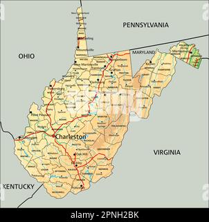 High detailed West Virginia physical map with labeling. Stock Vector