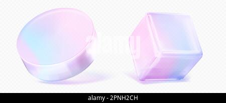 3D set of realistic cube and cylinder figures isolated on transparent background. Vector illustration of abstract glossy geometric objects in pink and blue gradient color. Futuristic design elements Stock Vector