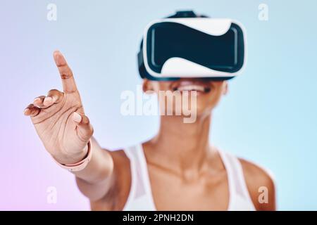 VR, hand interaction and woman isolated on gradient background metaverse, futuristic or 3d user experience. Virtual reality, high tech and happy Stock Photo