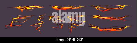 Volcano lava crack texture effect in ground vector. Broken earth with magma glow top view isolated on dark background. Destruction on hell floor surface. Split fracture damage with orange burn element Stock Vector