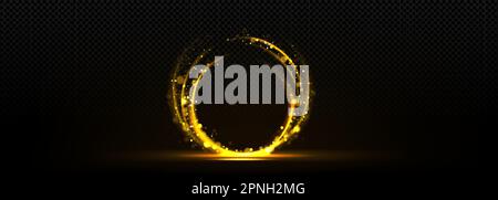 Circle of gold light glow with bokeh effect and sparks. Abstract luxury banner template with golden ring with shine isolated on transparent background, vector realistic illustration Stock Vector