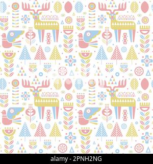 Folk Animals Plants and Flowers in Nordic Pattern Stock Vector