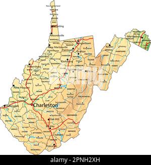 High detailed West Virginia physical map with labeling. Stock Vector