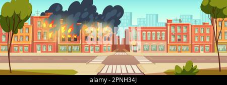 Fire in city house, vector cartoon urban landscape with burning building, red flame with black smoke, danger background Stock Vector