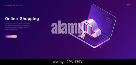 Online library or education isometric concept vector illustration. Open laptop, cloud with book library and wooden ladder on violet background, landing web site page for educational, language courses Stock Vector