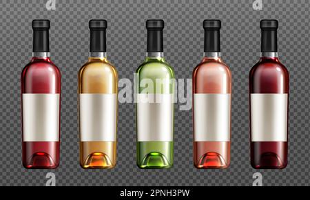 Wine glass bottles with red, green, golden and rose liquid realistic vector illustration. Clear winery bottle for alcohol, closed with cork and blank paper label, isolated on transparent background Stock Vector