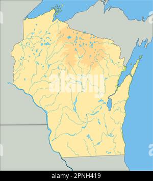 High detailed Wisconsin physical map. Stock Vector