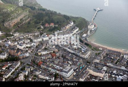 aerial view of Llandudno in North Wales with the Grand Hotel and Pier prominent towards the top right Stock Photo