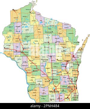 Wisconsin - Highly detailed editable political map with labeling. Stock Vector