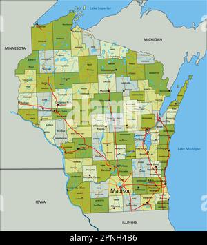 Wisconsin - Highly detailed editable political map with labeling Stock ...