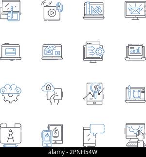 Peripherals line icons collection. Keyboard, Mouse, Monitor, Printer, Scanner, Webcam, Speakers vector and linear illustration. Microph,Joystick Stock Vector