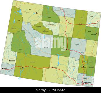 Highly detailed editable political map with separated layers. Wyoming. Stock Vector