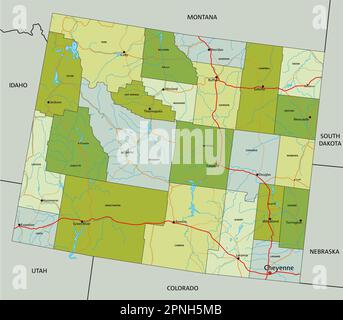 Highly detailed editable political map with separated layers. Wyoming. Stock Vector