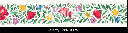 Delicate Chintz Romantic Meadow Wild Flowers Horizontal Vector Seamless Pattern Border Stock Vector
