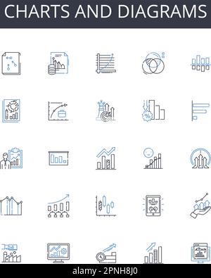 Charts and diagrams line icons collection. Numbers figures, Maps blueprints, Facts statistics, Information data, Numbers digits, Tables grids Stock Vector