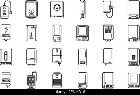 Power bank icons set outline vector. Battery charge. Computer device Stock Vector