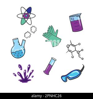 Set of chemistry labs and diagrams showing various experiments, glassware and molecules isolated on white for design elements, color vector illustrati Stock Vector