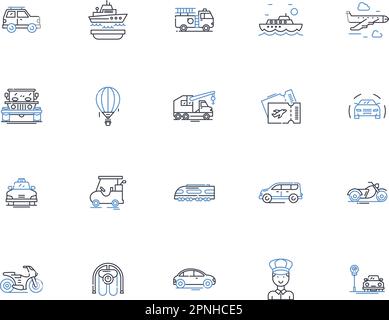 Transportation nerk line icons collection. Bus, Train, Car, Bike, Ferry, Scooter, Traffic vector and linear illustration. Taxi,Subway,Road outline Stock Vector