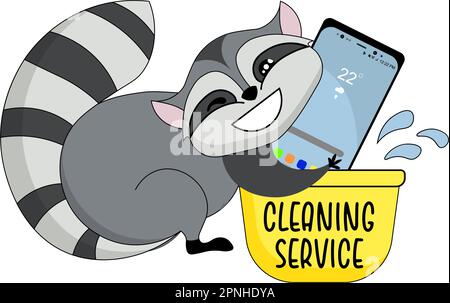 Icon sticker funny washing a smartphone with a raccoon. Cartoon. Vector. Characters. Isolated objects. Stock Vector