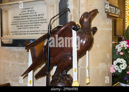 The lectern in the shape of an eagle, reading desk for holding the Bible, in the Nave of Cheltenham Minster, St Mary's. Cheltenham Spa, Gloucestershire. UK. (134) Stock Photo