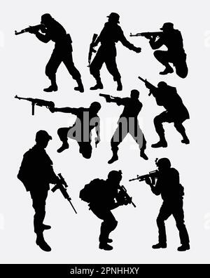 army soldier pose with gun weapon silhouette. Good use for symbol, web icon, game character, element, sign, mascot, or any design you want. Easy to us Stock Vector