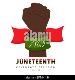 Juneteenth Celebrate freedom. Clenched fist, raised black hand. A ribbon with the date 1865. Symbol of National African American Independence Day, Fre Stock Vector