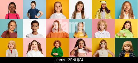 Collage. Portraits of little girls and boys, children of different race, nationality age showing different emotions over multicolored background. Stock Photo