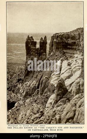 The Pillars known as ' The Caique's Son and Daughter,' on Taiyoallane, near Zuni from the book ' New Mexico, the land of the delight makers ' by George Wharton James, The History of its Ancient Cliff Dwellings and Pueblos, Conquest by the Spaniards, Franciscan Missions; Personal Accounts of the Ceremonies, Games, Social Life and Industries of its Indians; A Description of its Climate, Geology, Flora and Birds, its Rivers and Forests ; A Review of its Rapid Development, Land- Reclamation Projects and Educational System ; with full and accurate accounts of its Progressive Counties, Cities and To Stock Photo